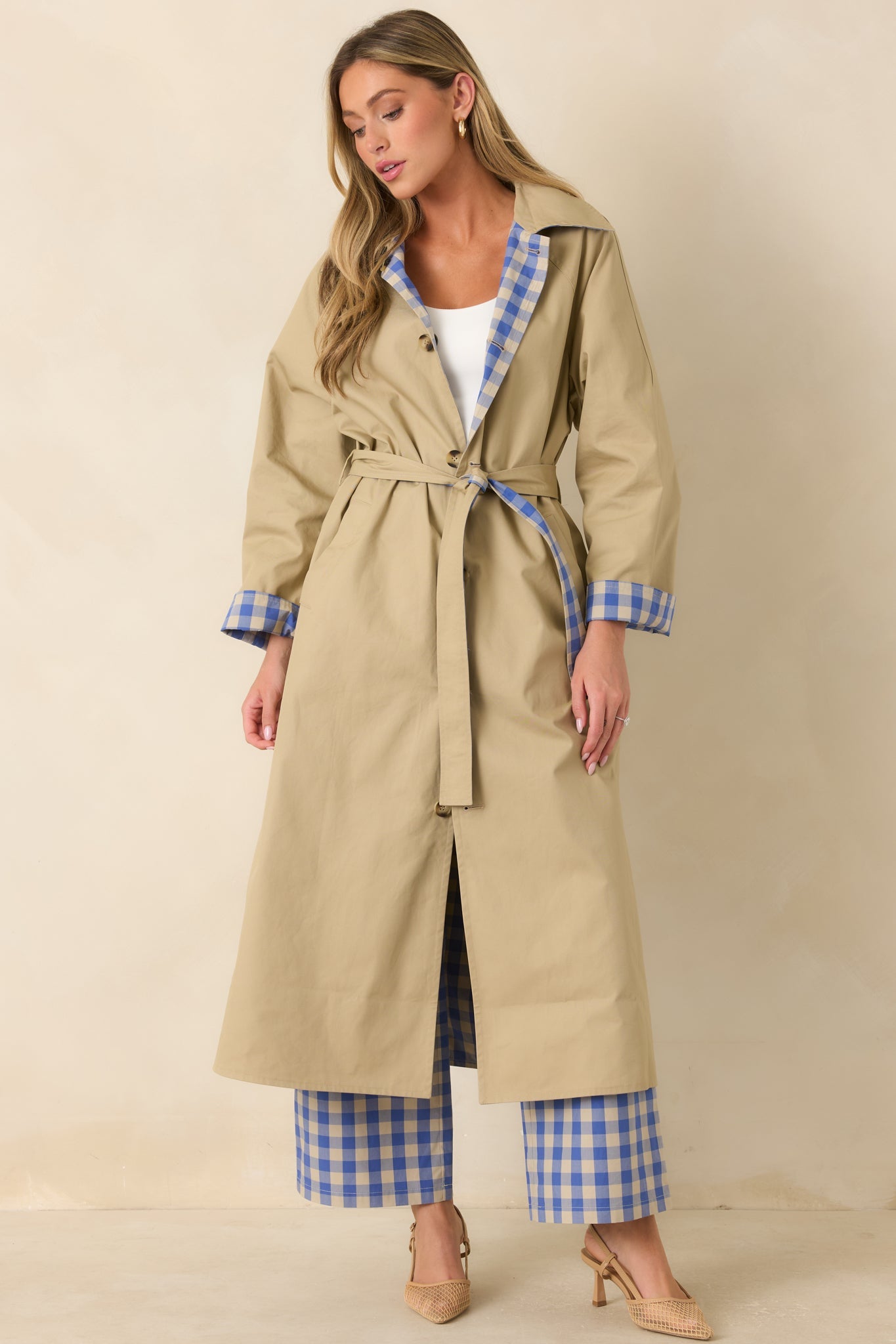 FRNCH Pocahontas Azure Blue Gingham Cotton Reversible Trench Coat