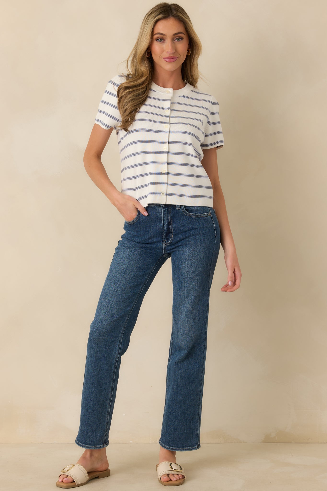 Casual Authority Navy Stripe Knit Button Front Short Sleeve Top