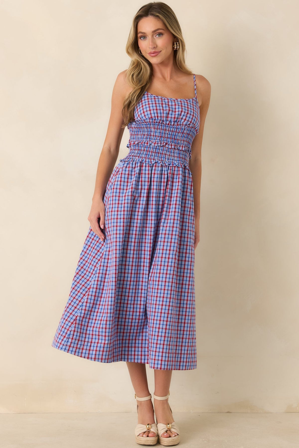 Summer Story Red & Blue Plaid Cotton Midi Dress