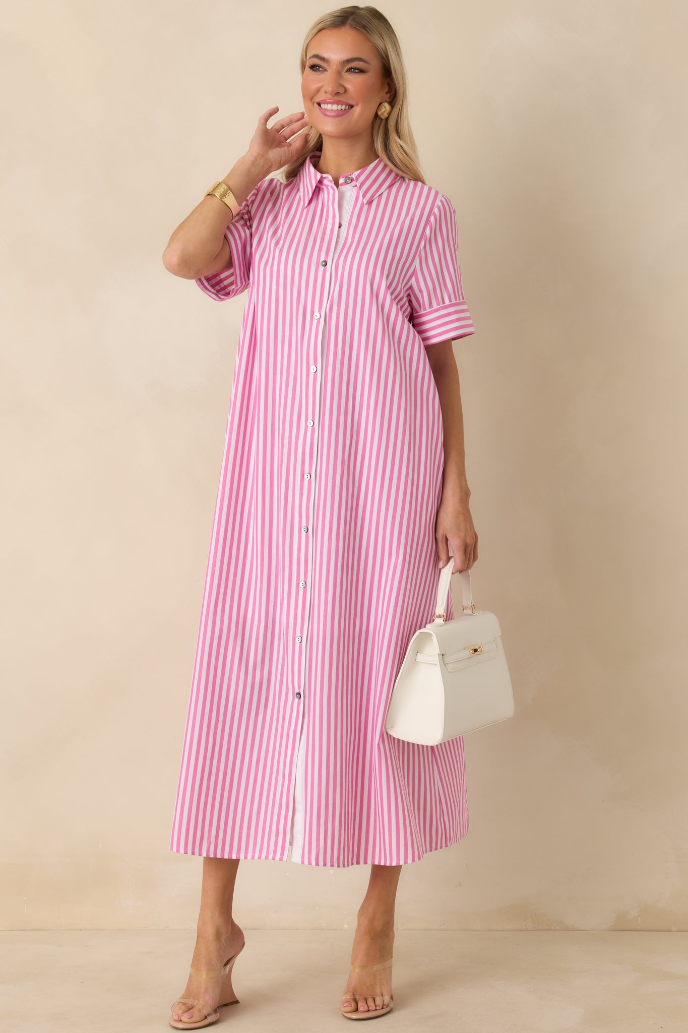 Pretty in Pinstripes Pink Cotton Stripe Button Front Maxi Shirt Dress