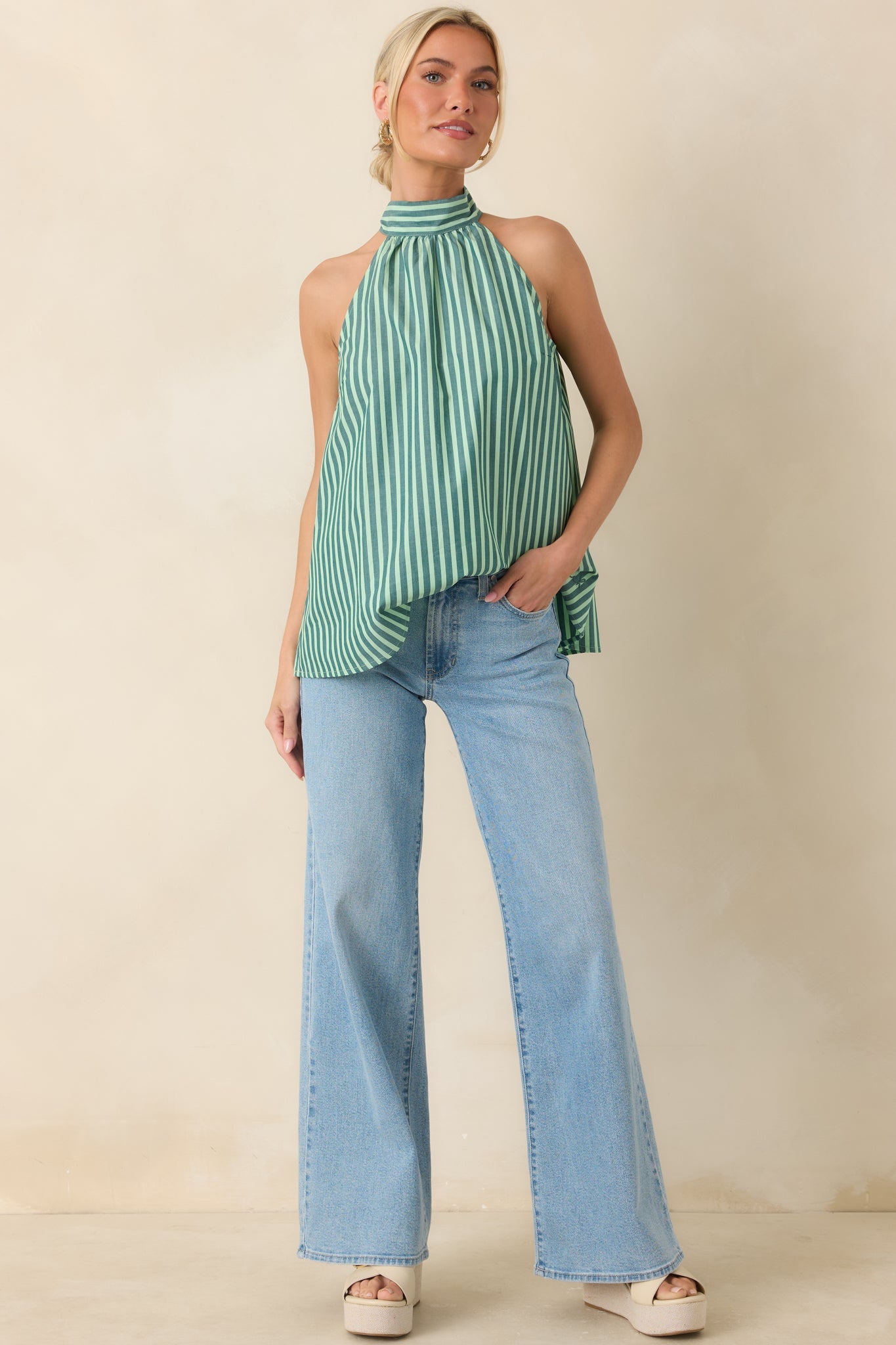FRNCH Crescenzo Green Stripe Cotton Tie-Neck Halter Top
