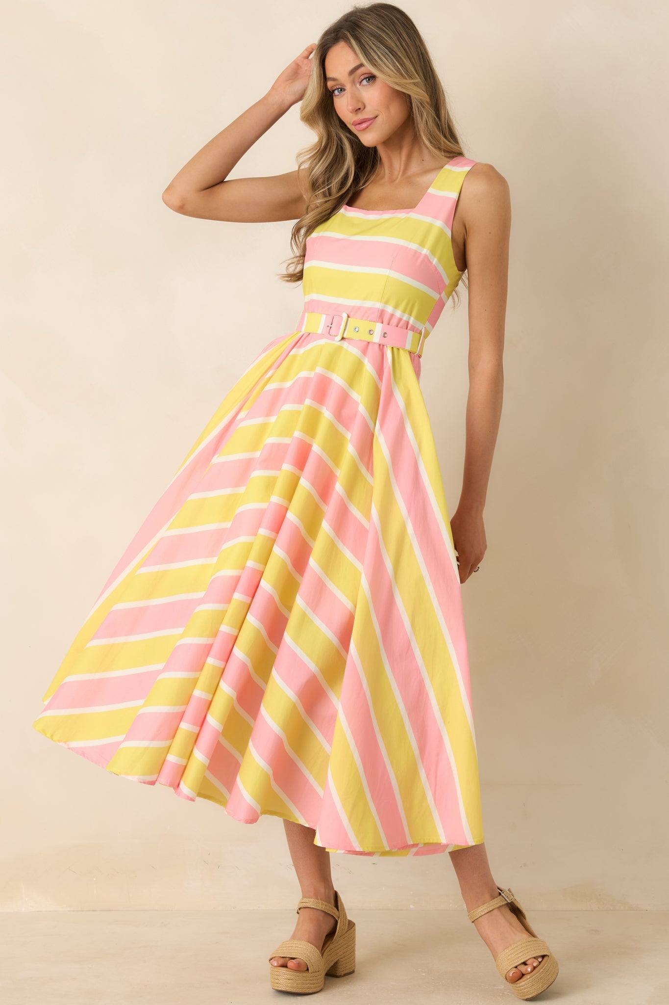 Sunbeam Days Yellow & Pink Stripe Cotton Belted Midi Dress