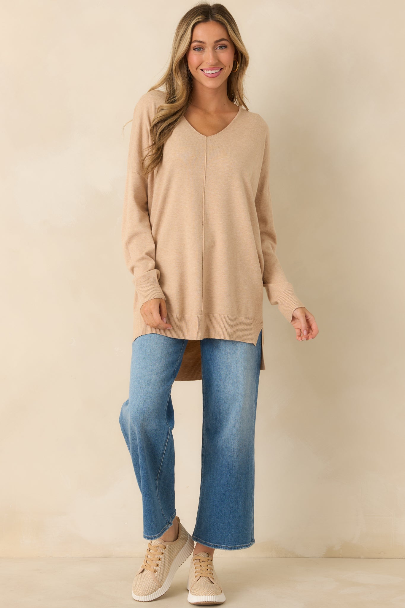 Wind Down Light Taupe Knit Long Sleeve V-Neck Sweater