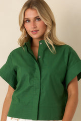 Pretty In Power Fern Green Cotton Linen Button-Front Mock Neck Top