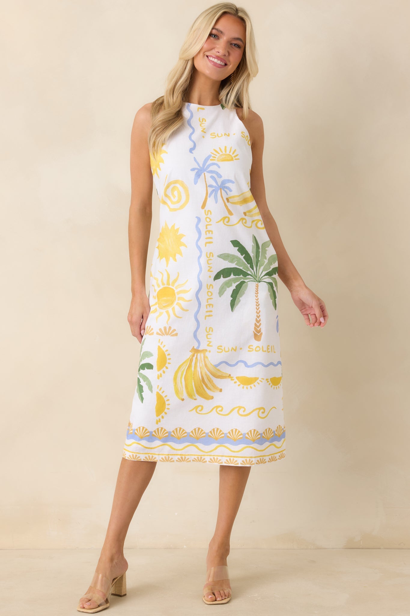 Paradisa Breakers White Multi Linen Blend Tropical Print Midi Dress