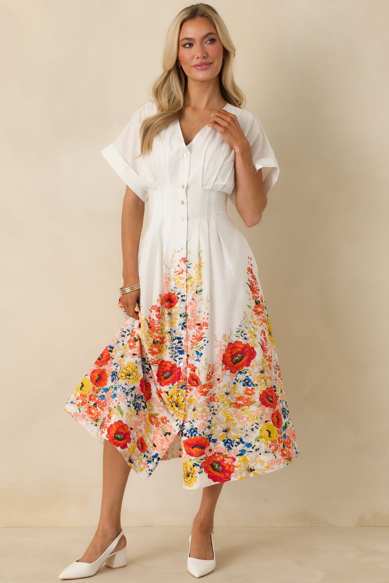 What Comes Next White Multi Cotton Floral Midi Dress