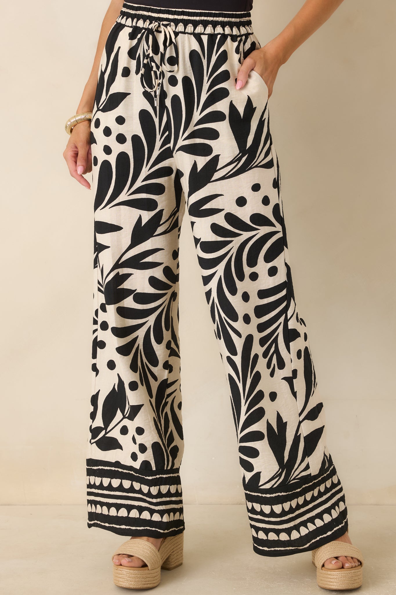 Palma Nights Black & Natural Botanical Print Wide Leg Pants