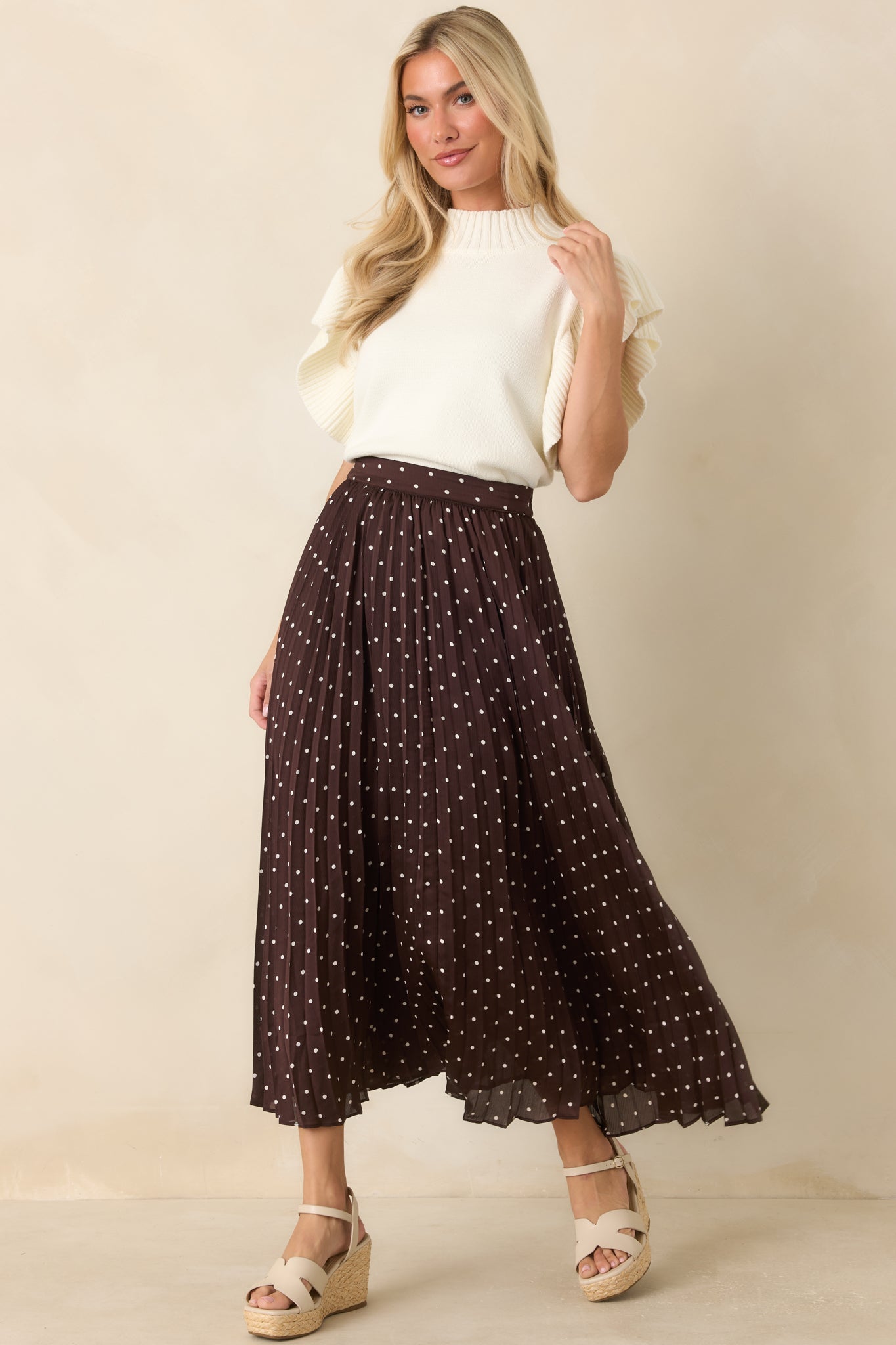 Seeing Spots Chocolate Brown Polka Dot Pleated Maxi Skirt