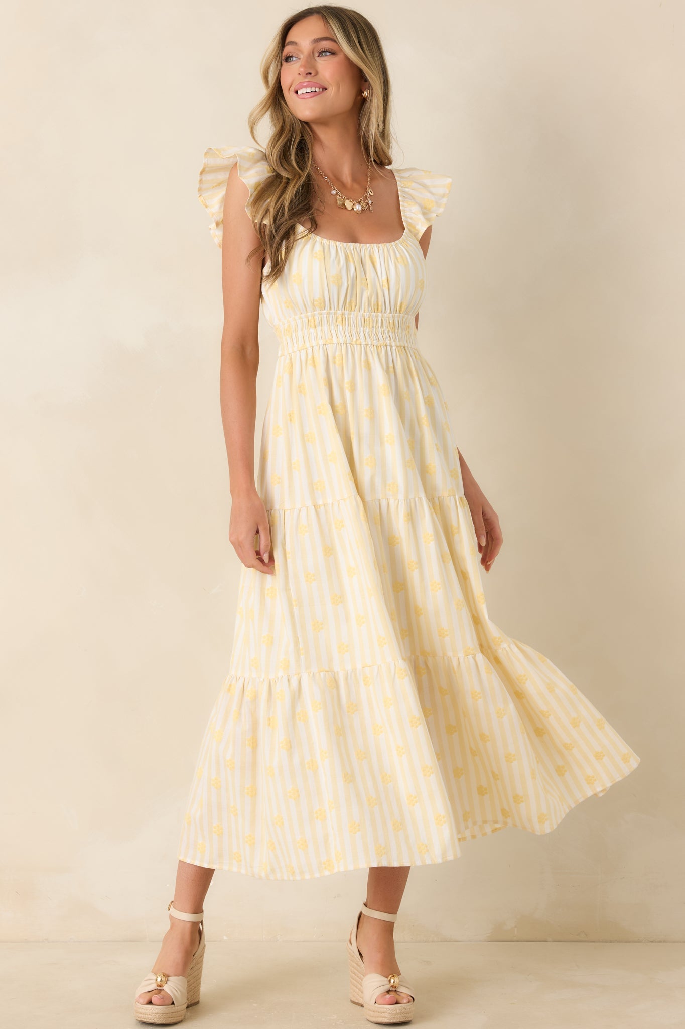Meadow Mornings Yellow Stripe Floral Embroidered Cotton Maxi Dress