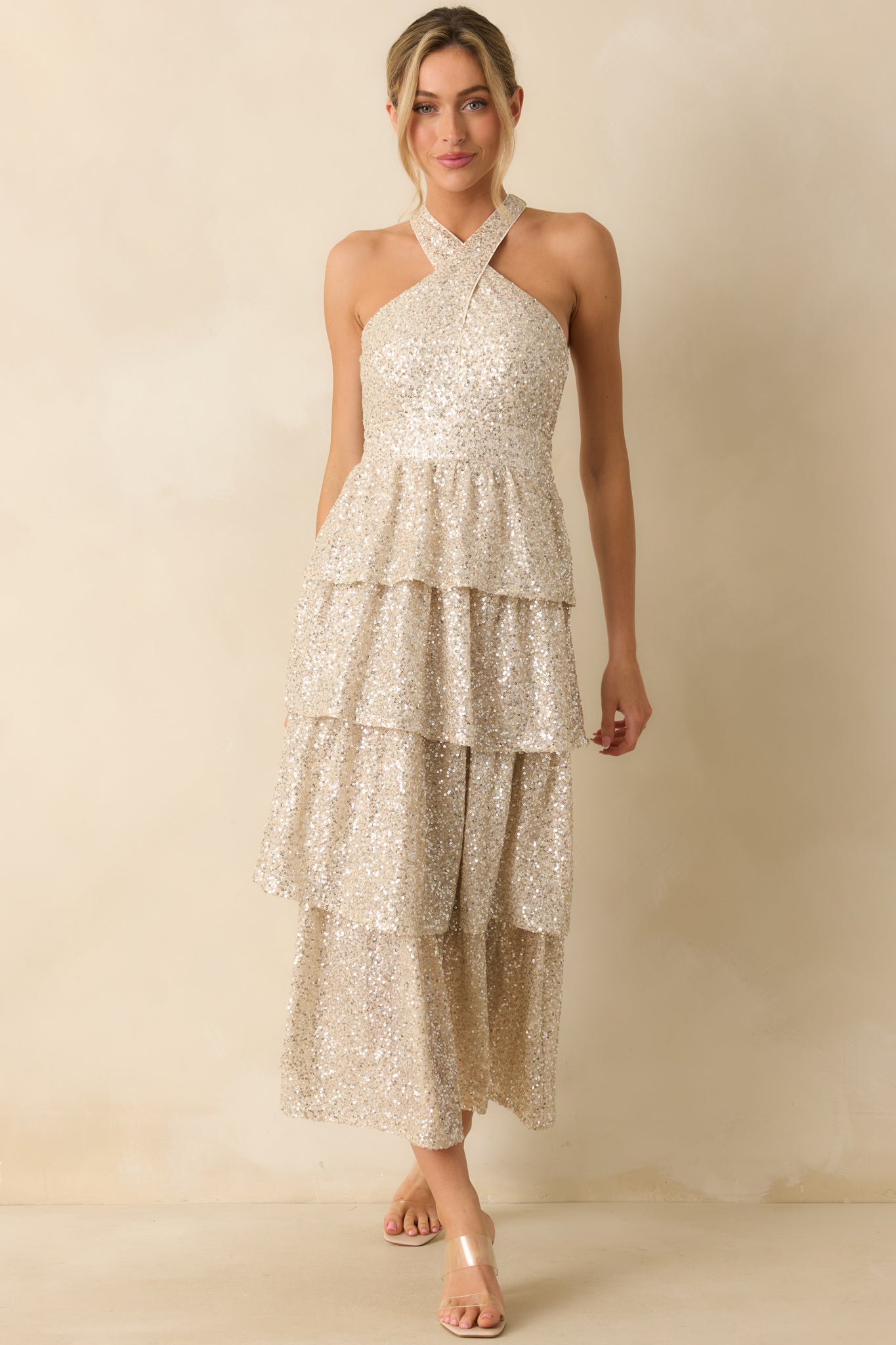 Always On Point Champagne Sequin Halter Maxi Dress