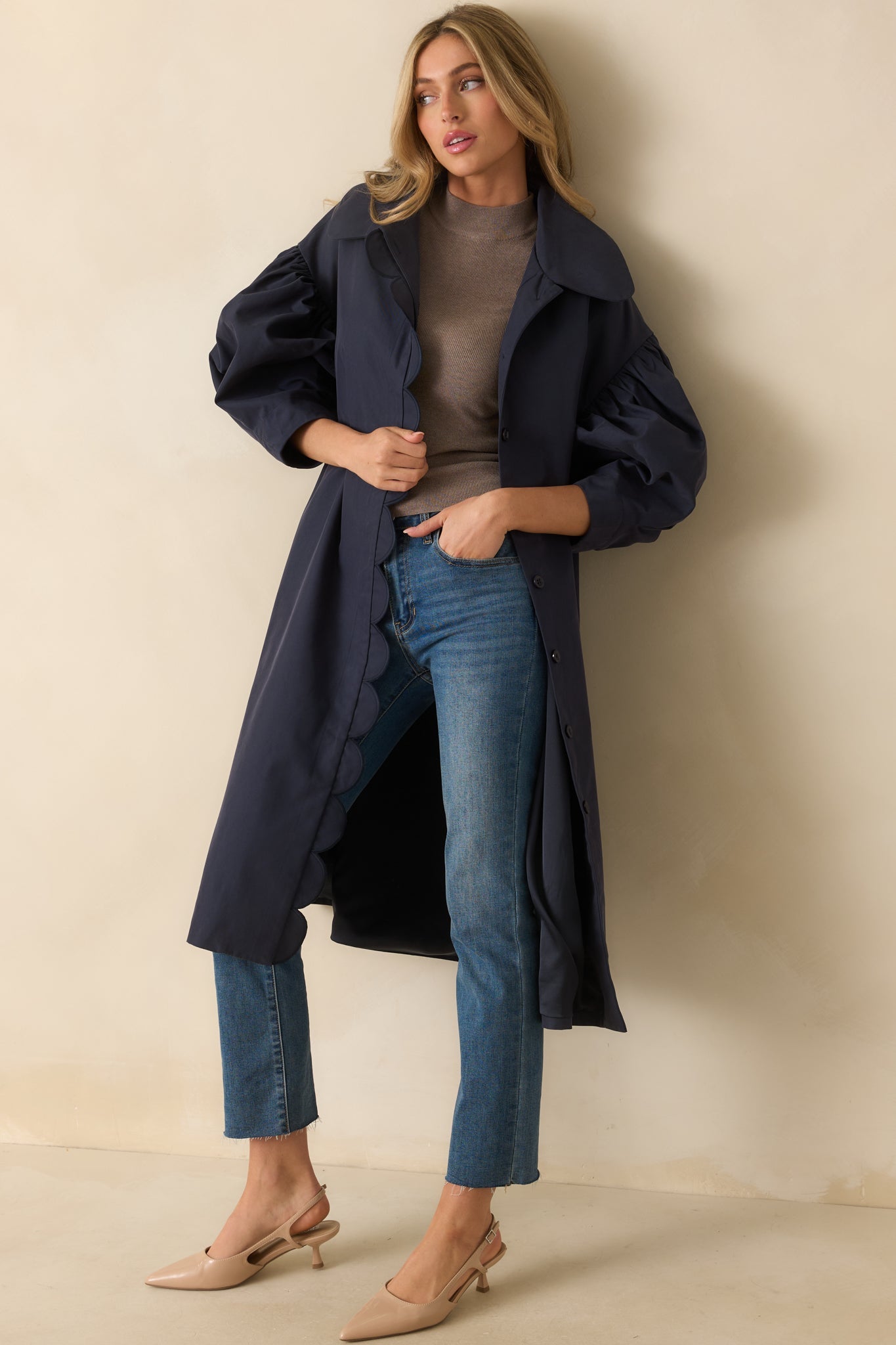 All In Good Fun Navy Scallop Trim Puff Sleeve Button Front Coat