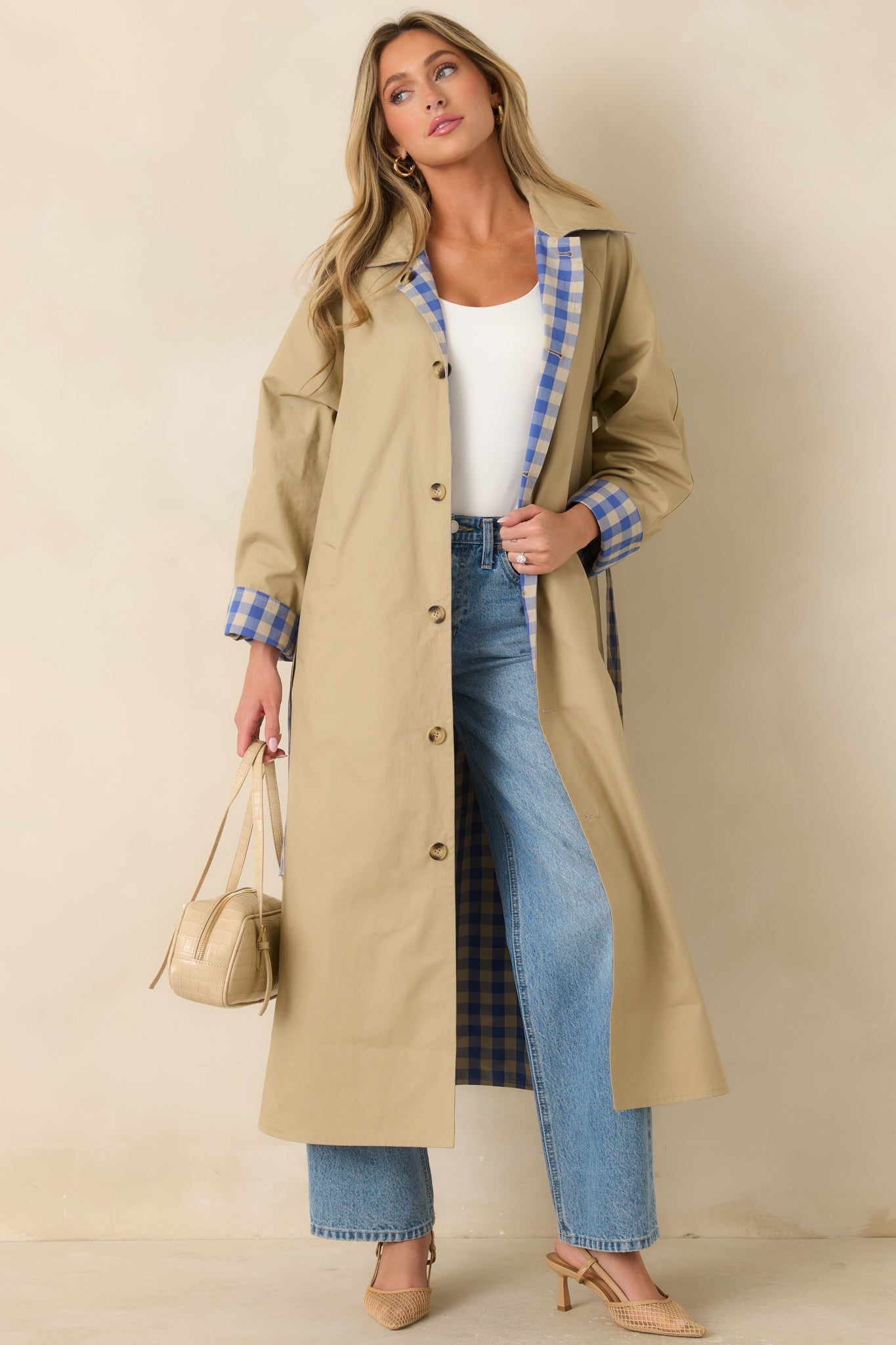 FRNCH Pocahontas Azure Blue Gingham Cotton Reversible Trench Coat