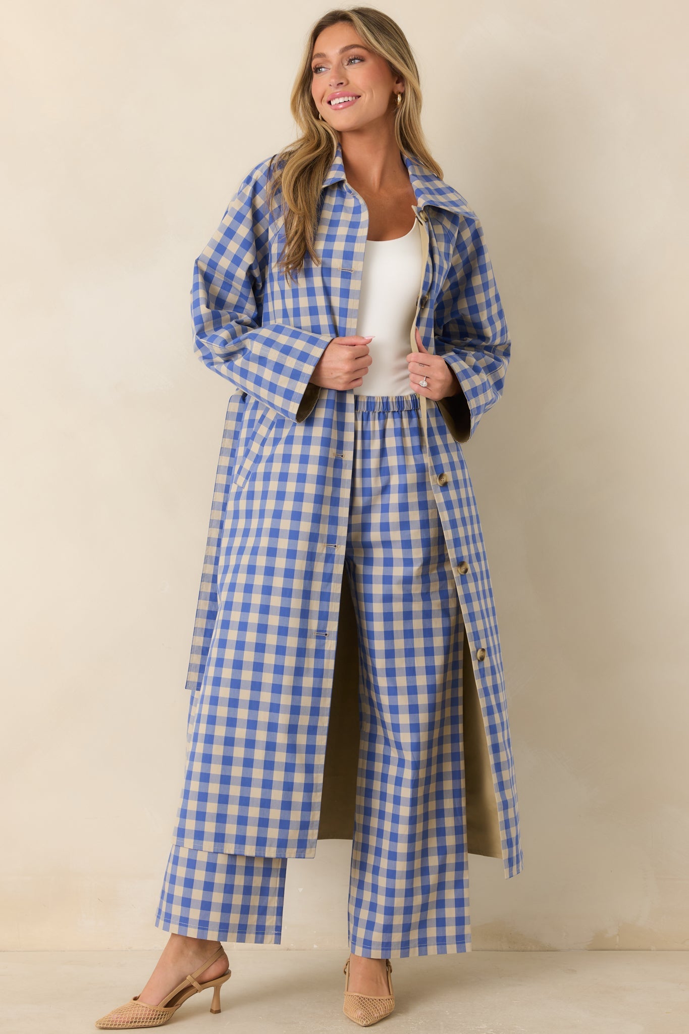 FRNCH Pocahontas Azure Blue Gingham Cotton Reversible Trench Coat