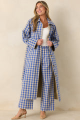 FRNCH Pocahontas Azure Blue Gingham Cotton Reversible Trench Coat