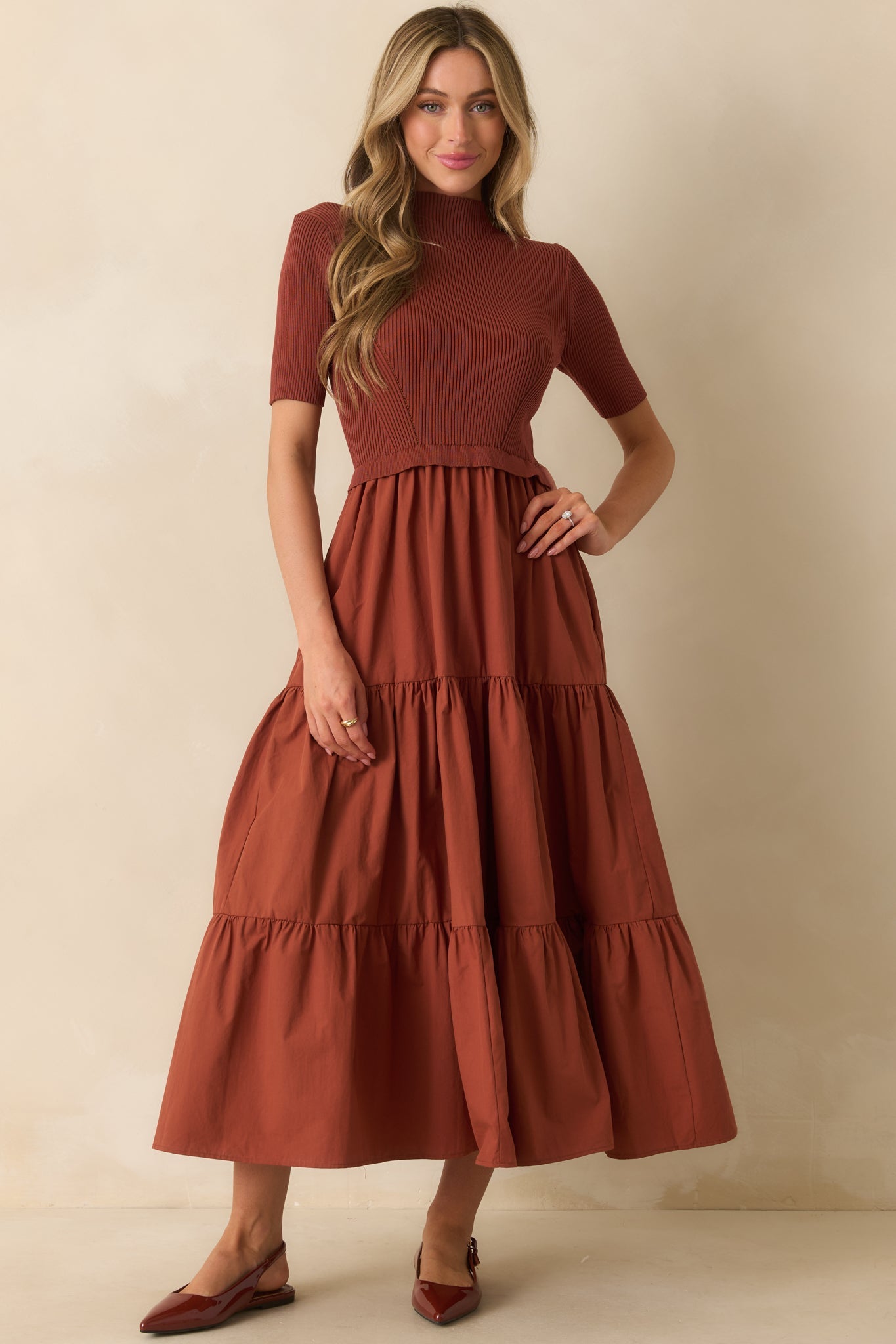 Keep Talking Rust Red Cotton Knit Bodice Short Sleeve Maxi Dress