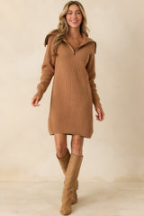 Ease Into It Camel Brown Knit Half-Zip Funnel Collar Longline Sweater Dress