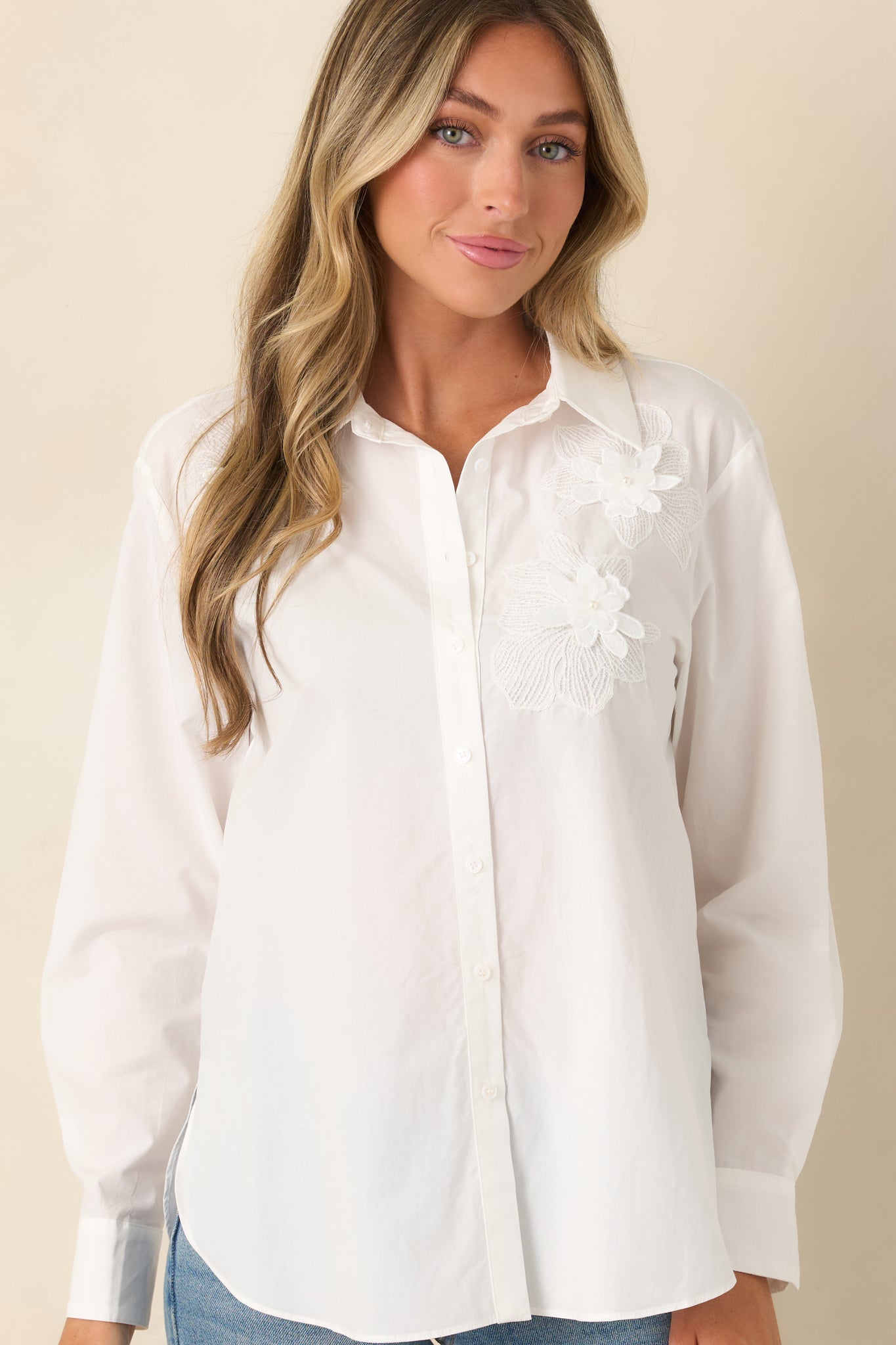 Little Details Matter White Floral Appliqué Button-Up Blouse