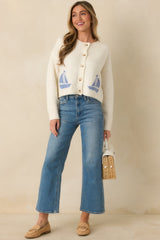 Catch the Breeze Ivory Sailboat Knit Button Front Cardigan Sweater