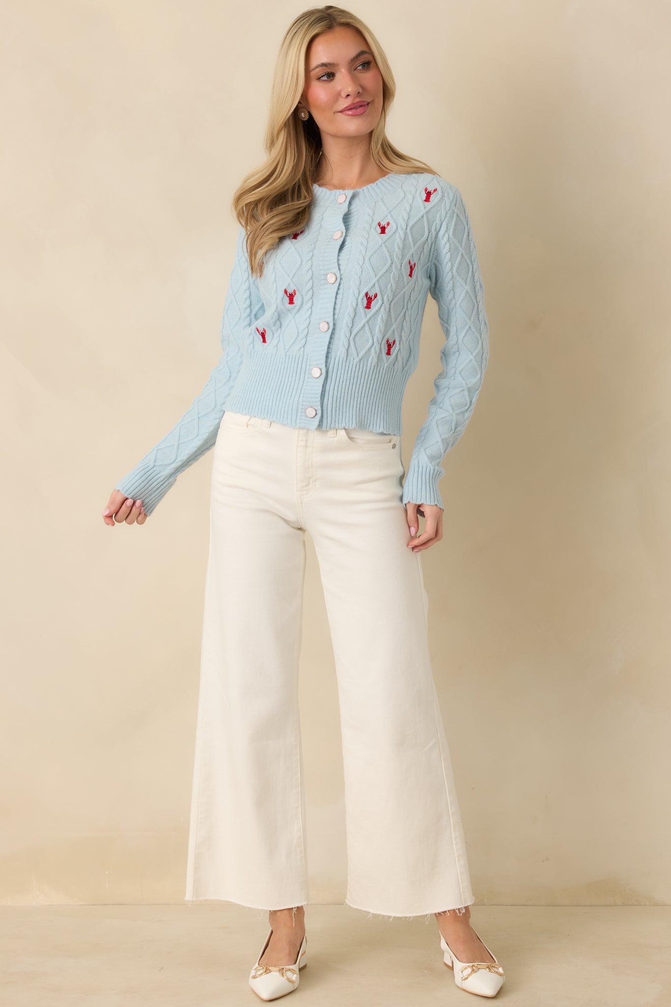Main Lobster Energy Light Blue Embroidered Cardigan Sweater