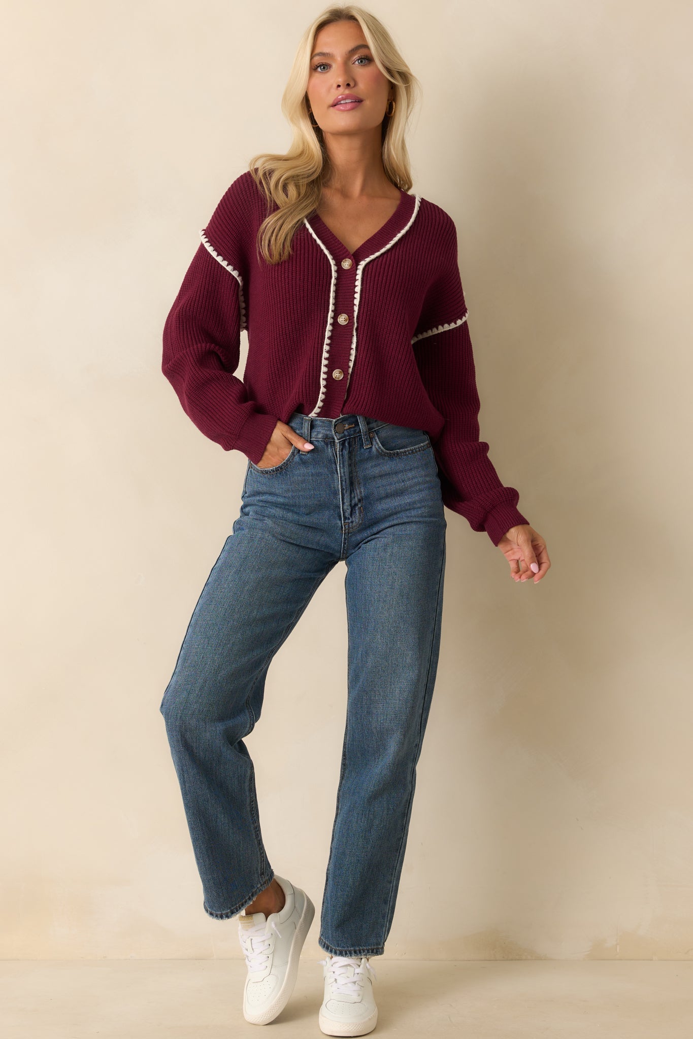 On The Mark Maroon Contrast Trim Knit Button Up Cardigan