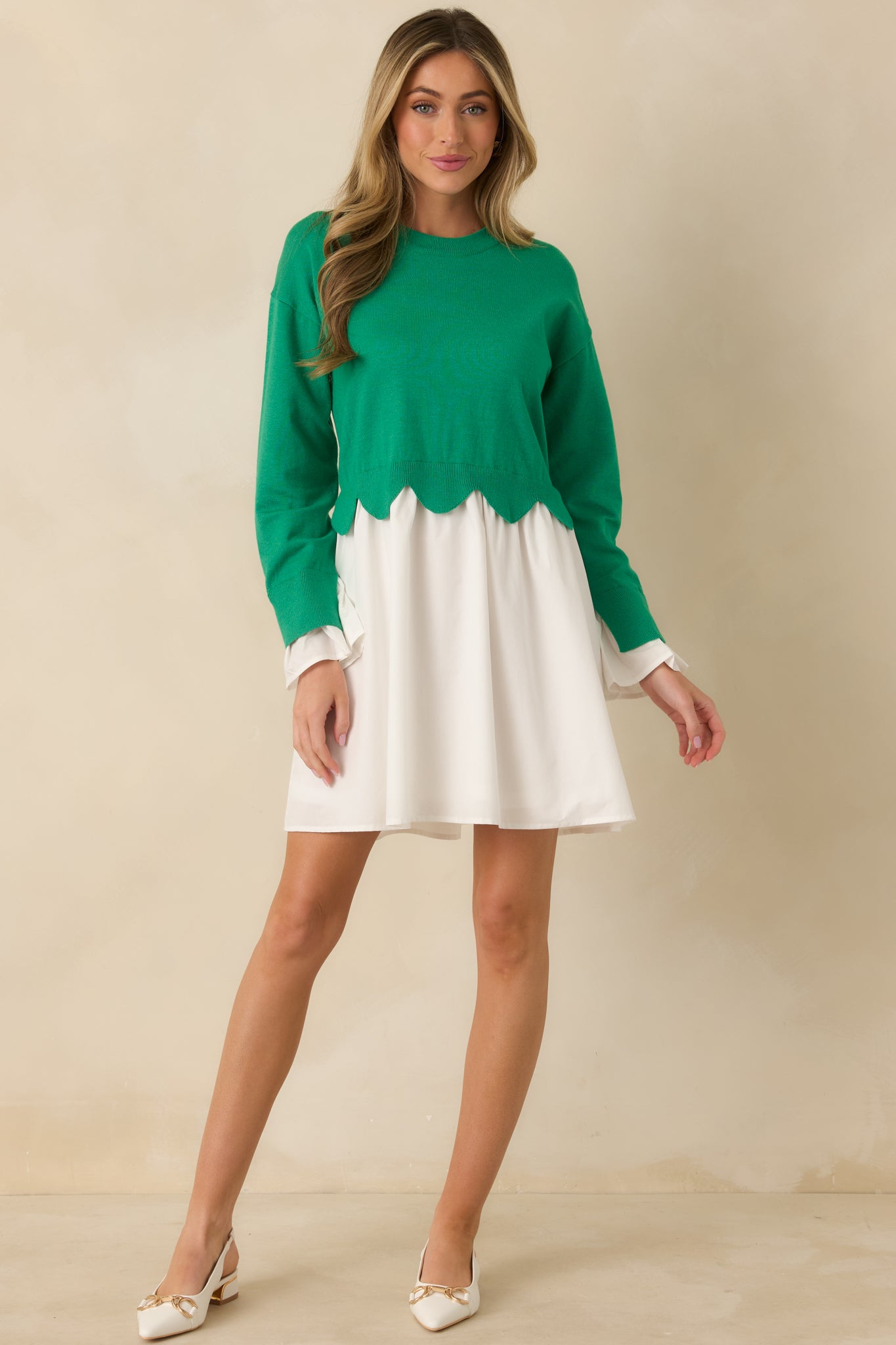 Made to Charm Green Scalloped Sweater Mini Dress