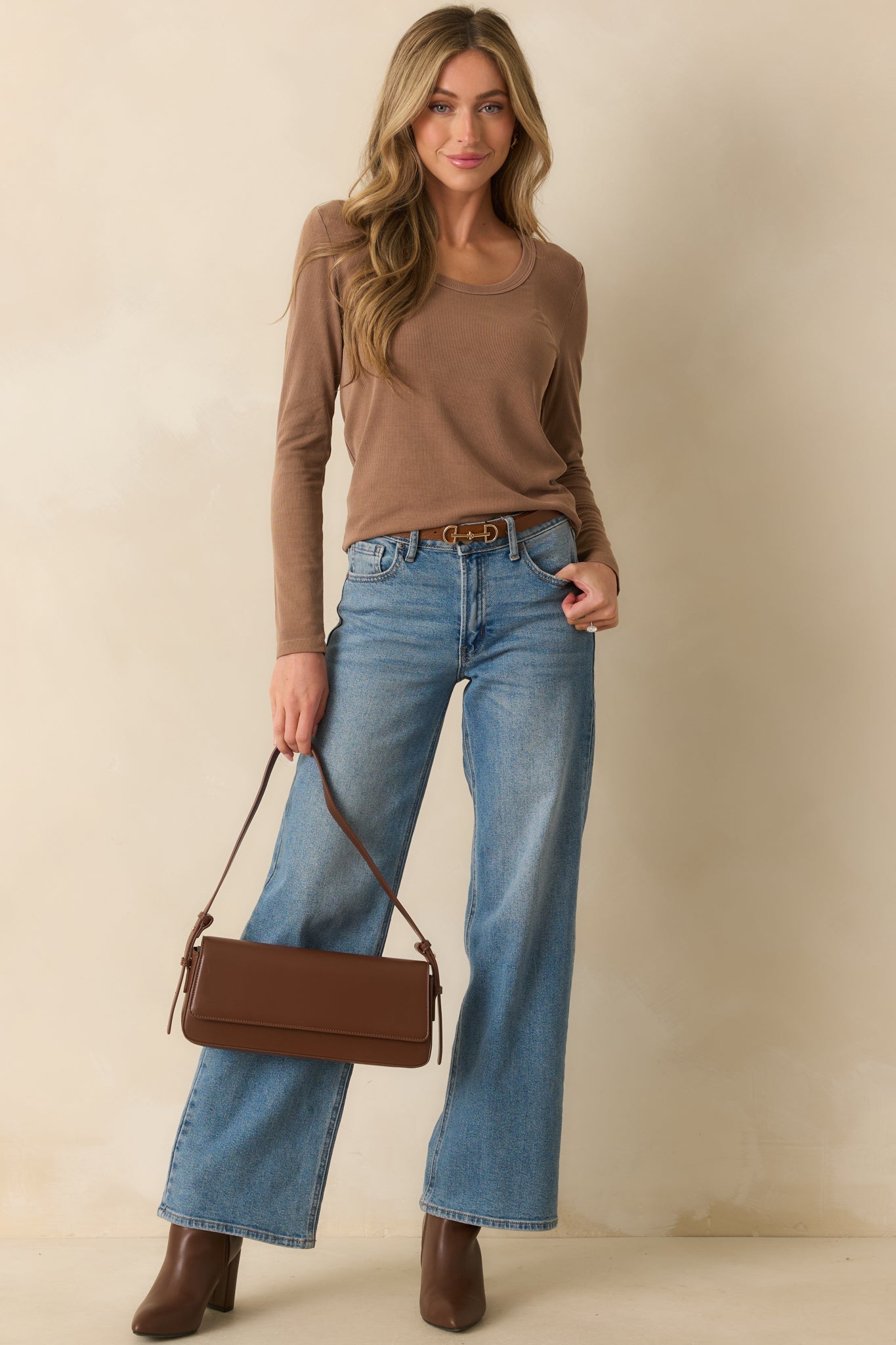 There When You Need It Mocha Brown Ribbed Long Sleeve Tee