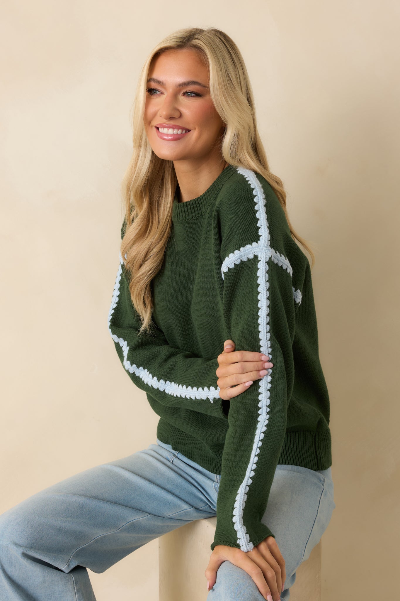 Along The Lines Moss Green Cotton Knit Crochet Trim Sweater
