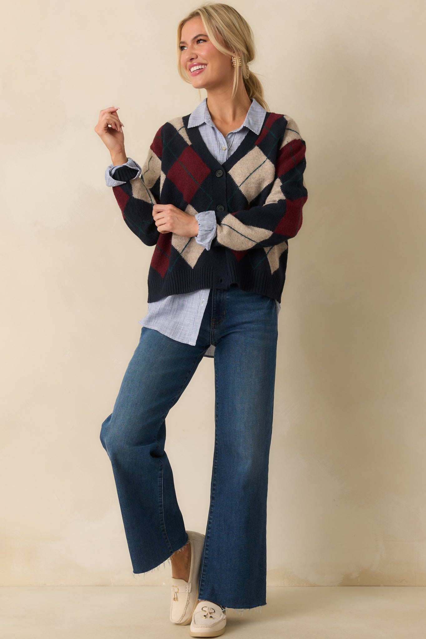 Never Beyond Reach Navy Argyle Button Up Cardigan