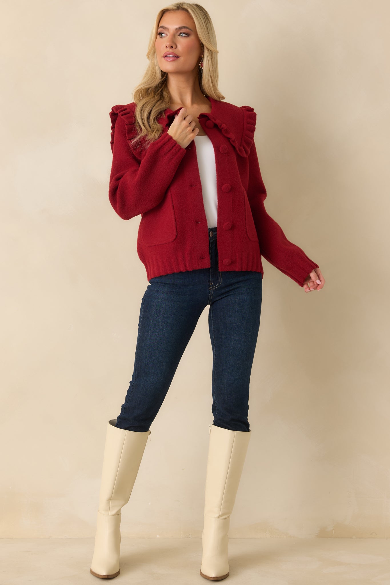Frilled To Announce Cranberry Red Oversize Ruffle Collar Cardigan Sweater