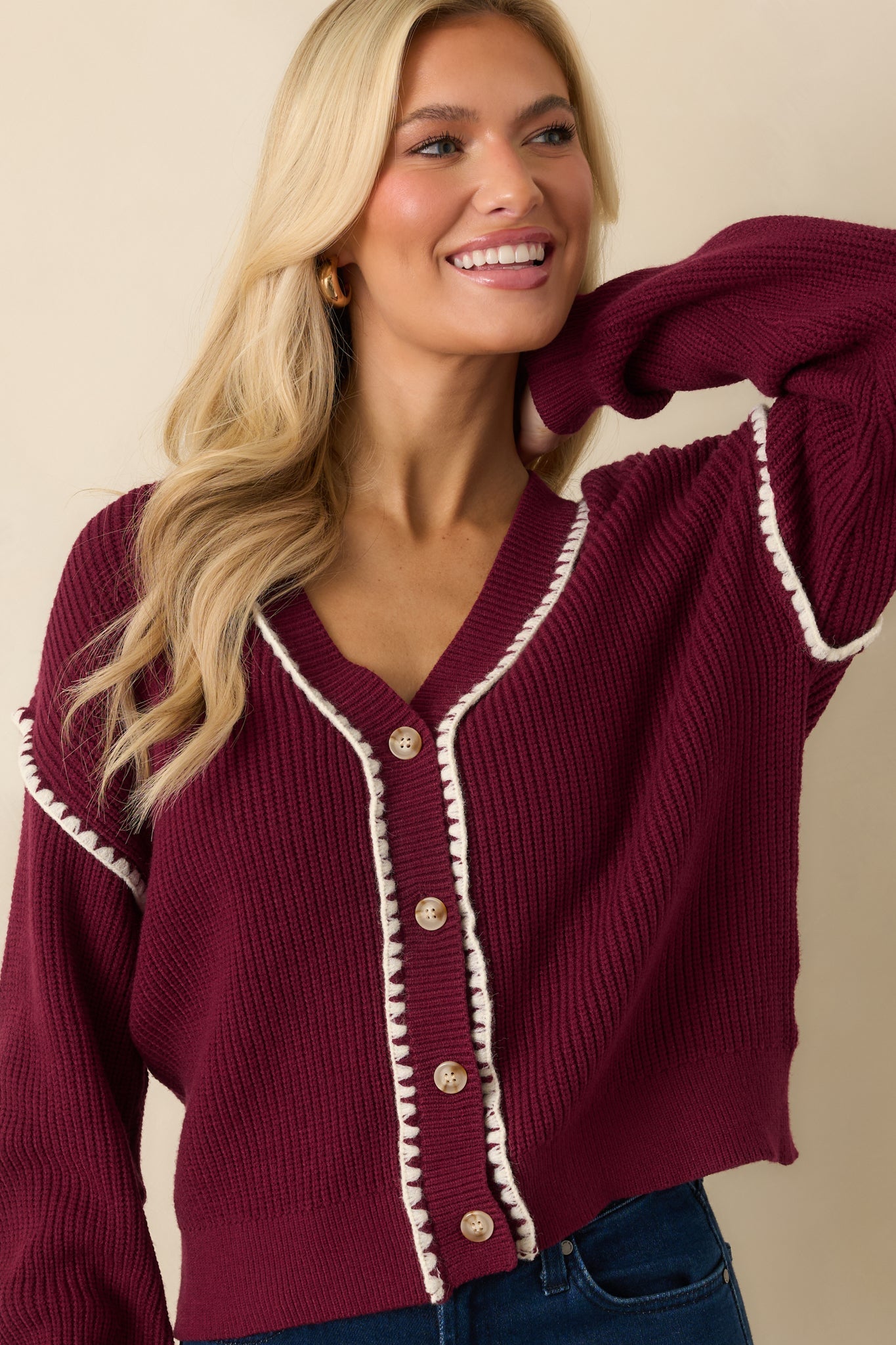 On The Mark Maroon Contrast Trim Knit Button Up Cardigan