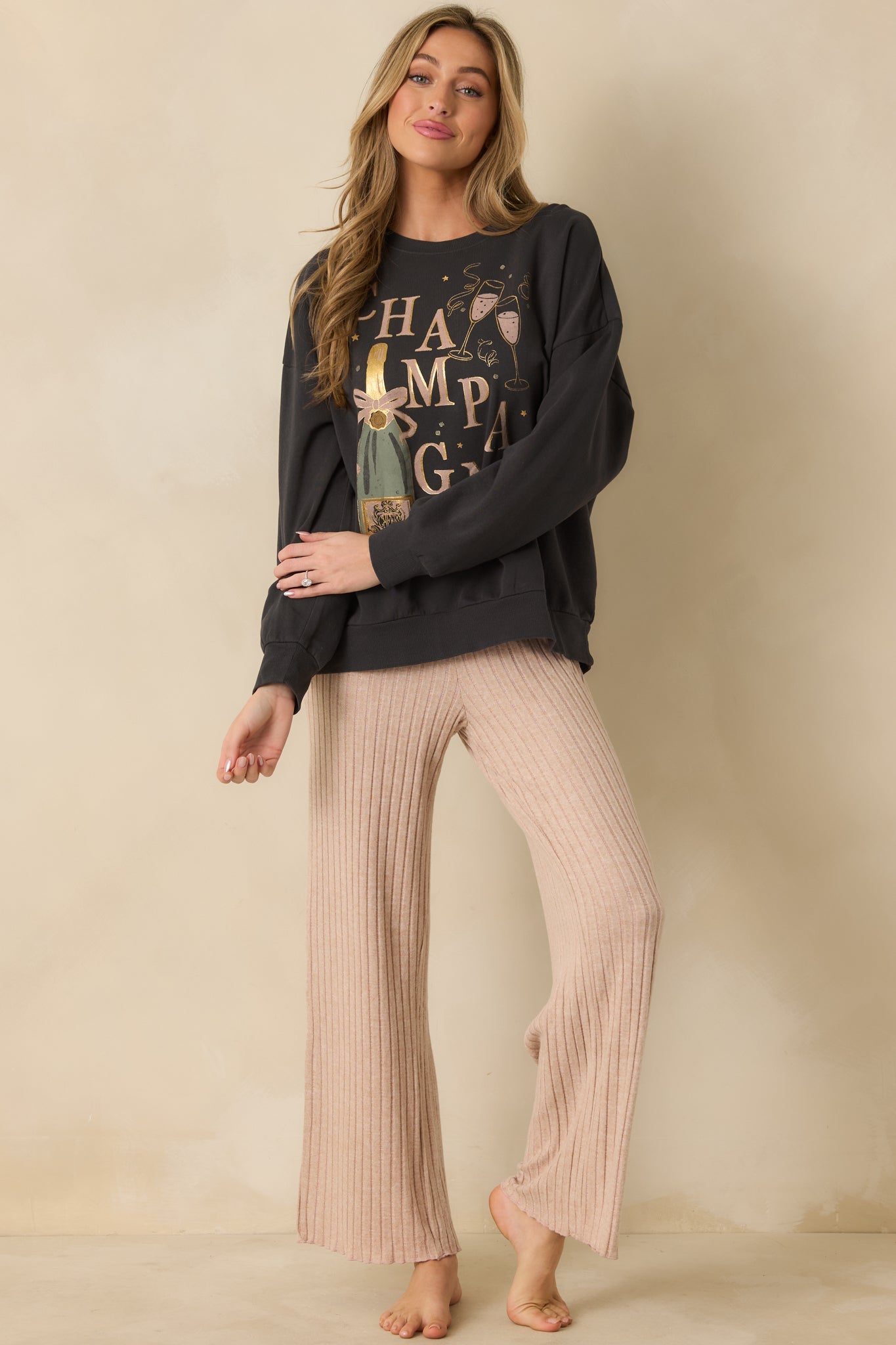 Z Supply Vintage Black Cotton Celebrate Champagne Sweatshirt