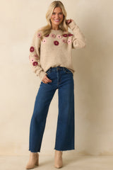 For What It's Worth Oatmeal Multi Floral Embroidered Knit Sweater