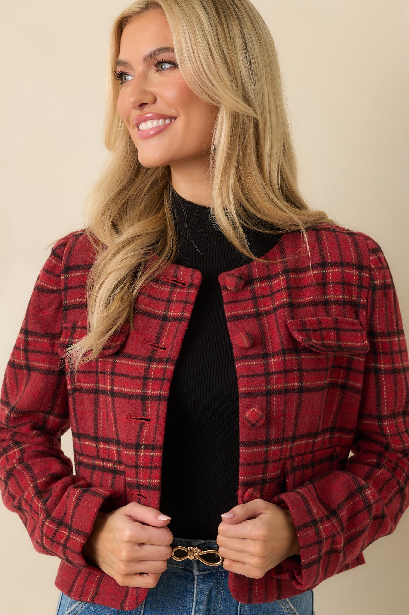 All In Good Taste Merlot Red Plaid Button Up Jacket