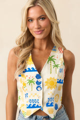 Lighten Up Ivory Tropical Print Button Front Waistcoat Top