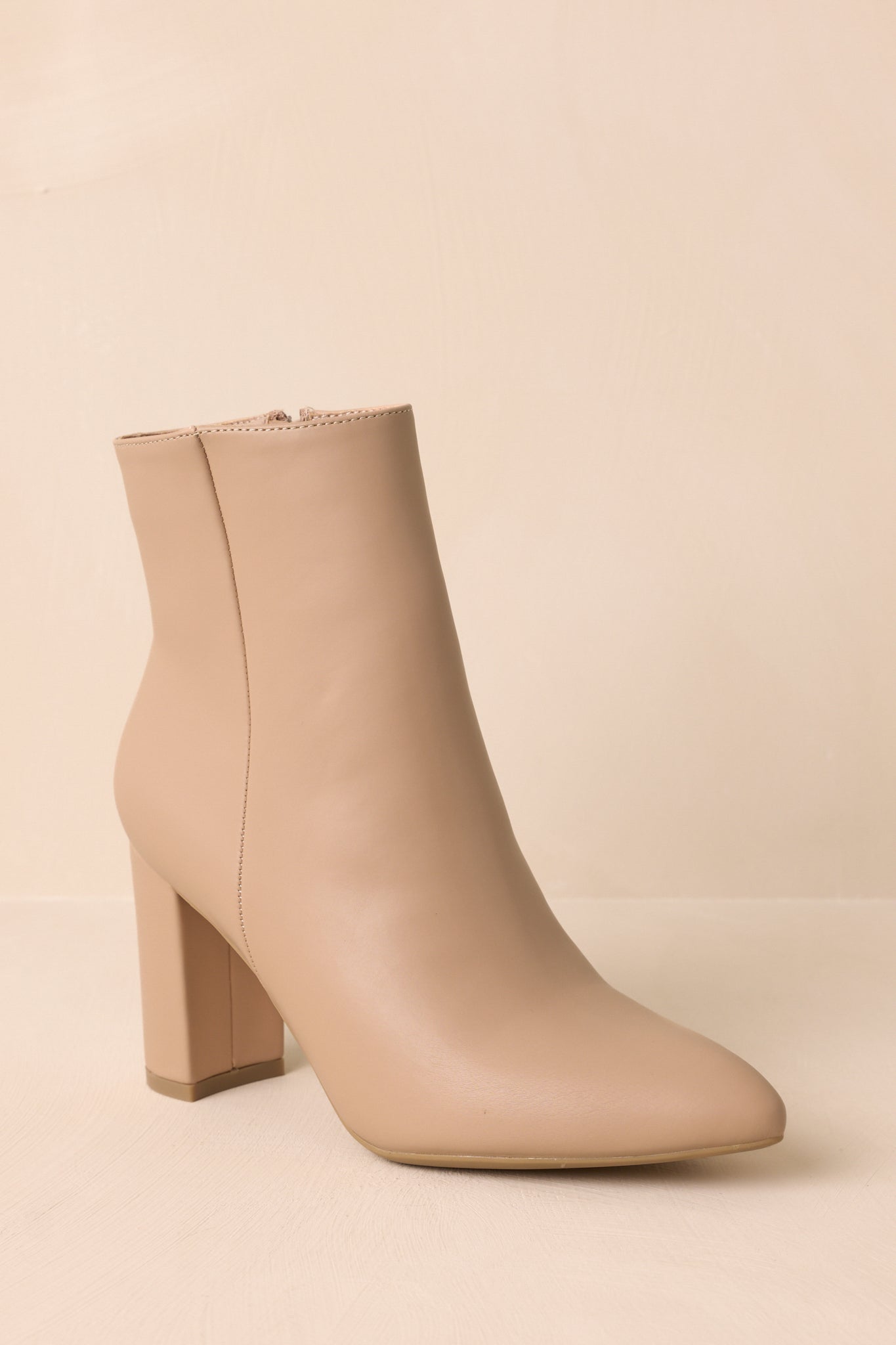 From Here On Beige Faux Leather Block Heel Ankle Boots (BACKORDER FALL 2027)