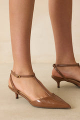 Had To Be There Mocha Brown Patent Faux Leather T-Strap Heels