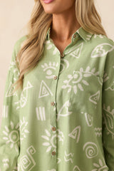 In My Flow Olive Green Tropical Print Linen Button Front Top