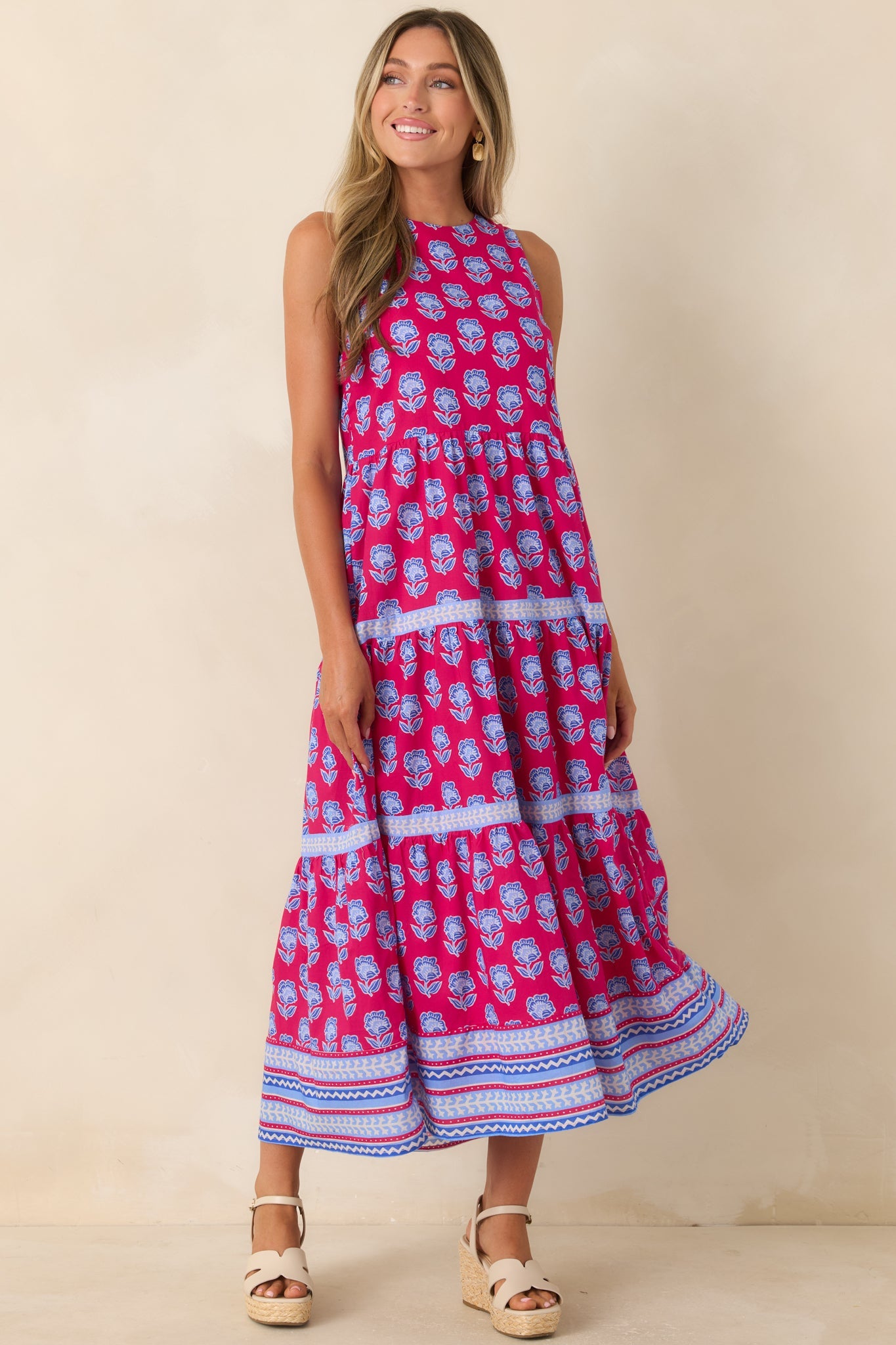 Love Finds a Way Magenta & Blue Printed Cotton Midi Dress