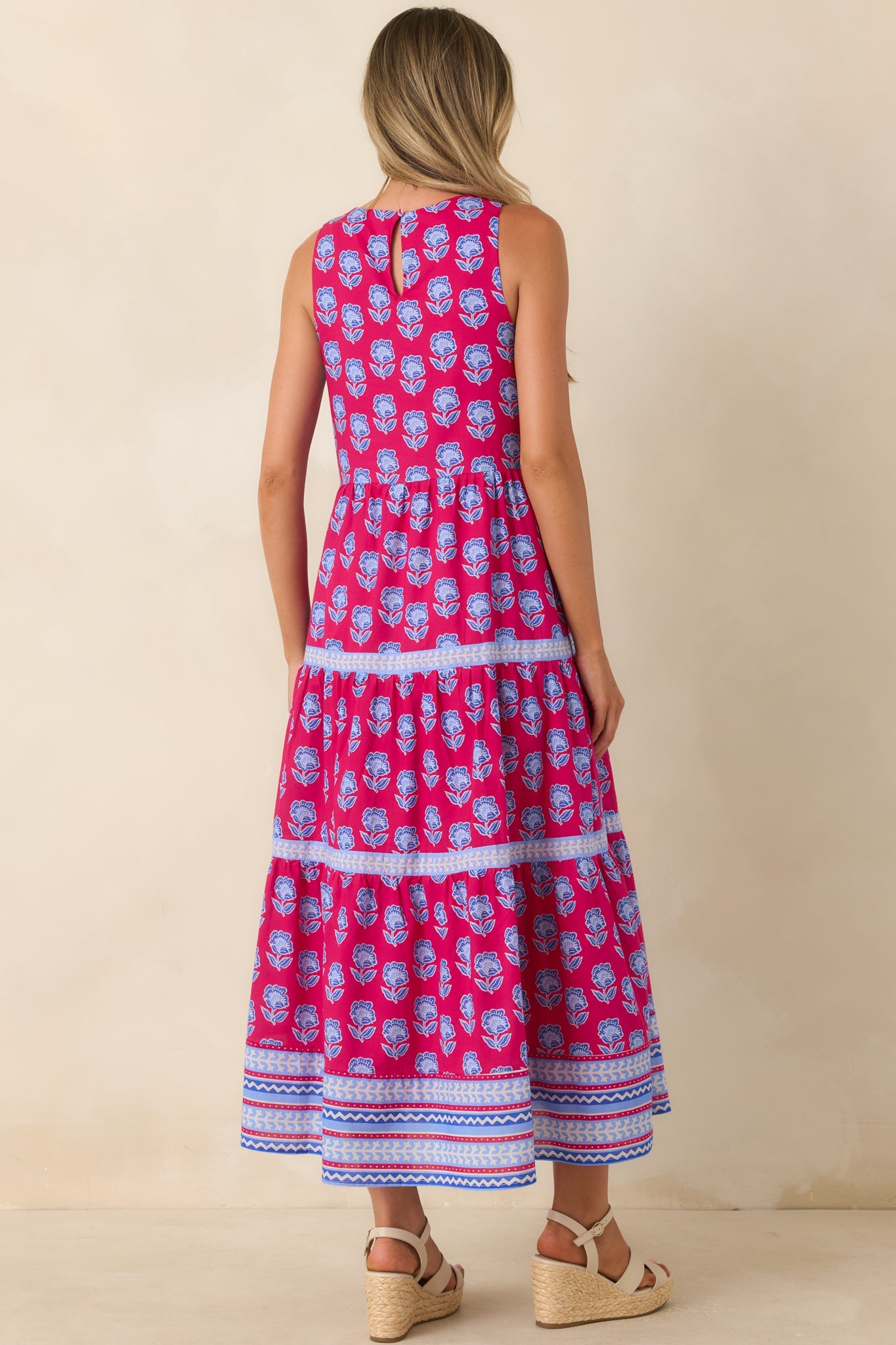 Love Finds a Way Magenta & Blue Printed Cotton Midi Dress