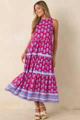 Love Finds a Way Magenta & Blue Printed Cotton Midi Dress