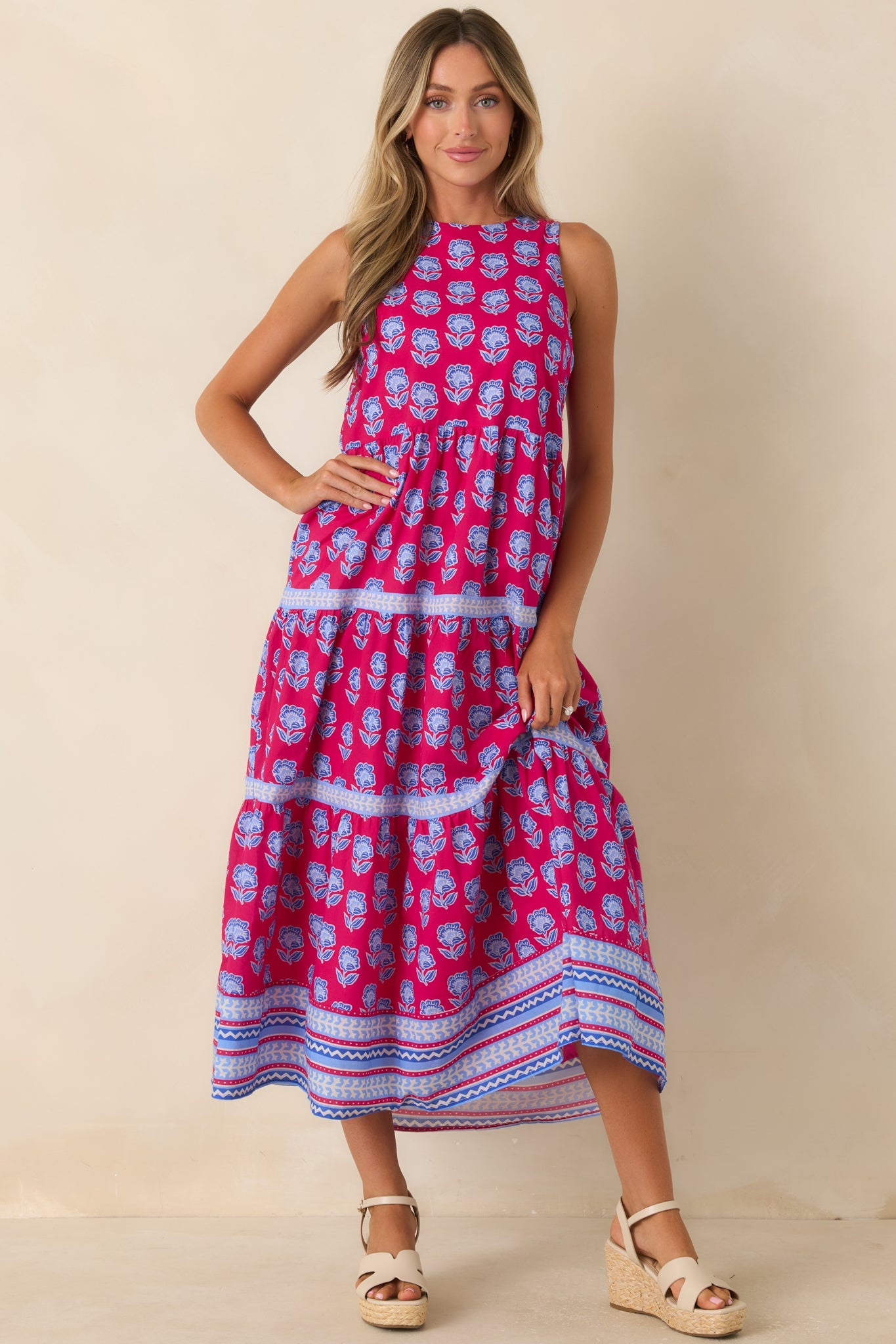Love Finds a Way Magenta & Blue Printed Cotton Midi Dress