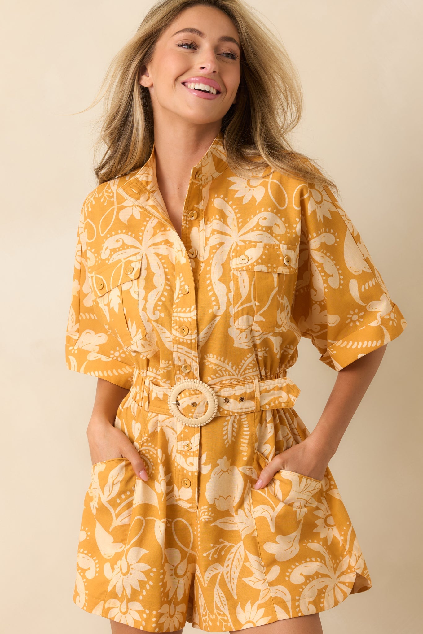 Paradisa Key Largo Marigold Tropical Damask Linen Blend Romper