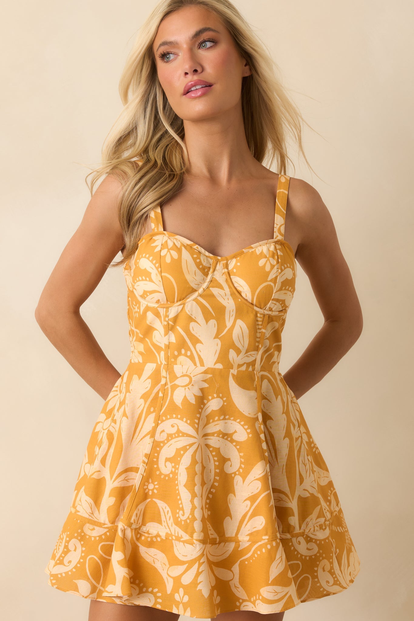 Paradisa Sanibel Marigold Tropical Damask Linen Blend Mini Dress