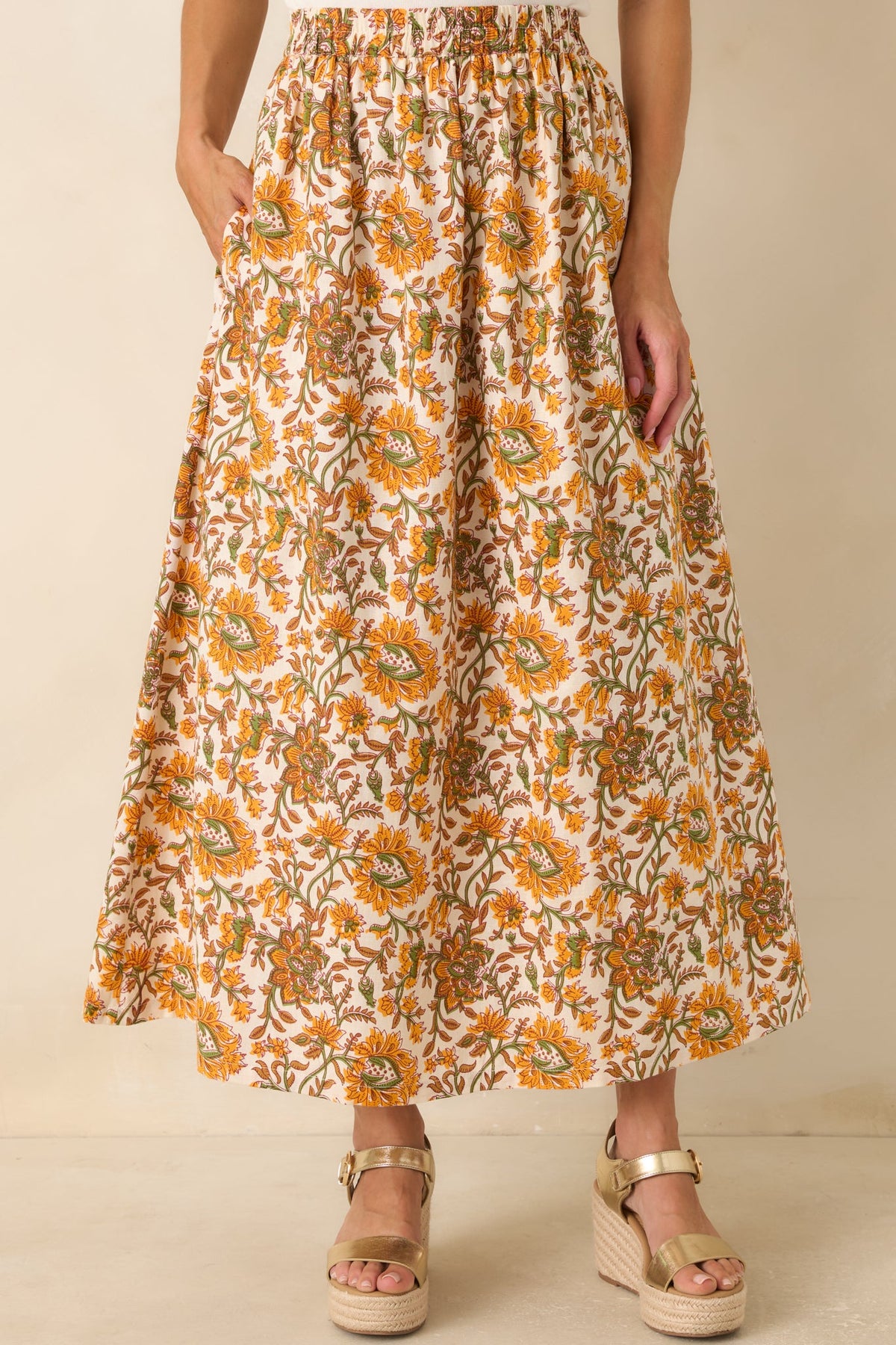 Easy to Love Marigold & Olive Green Floral Cotton Maxi Skirt