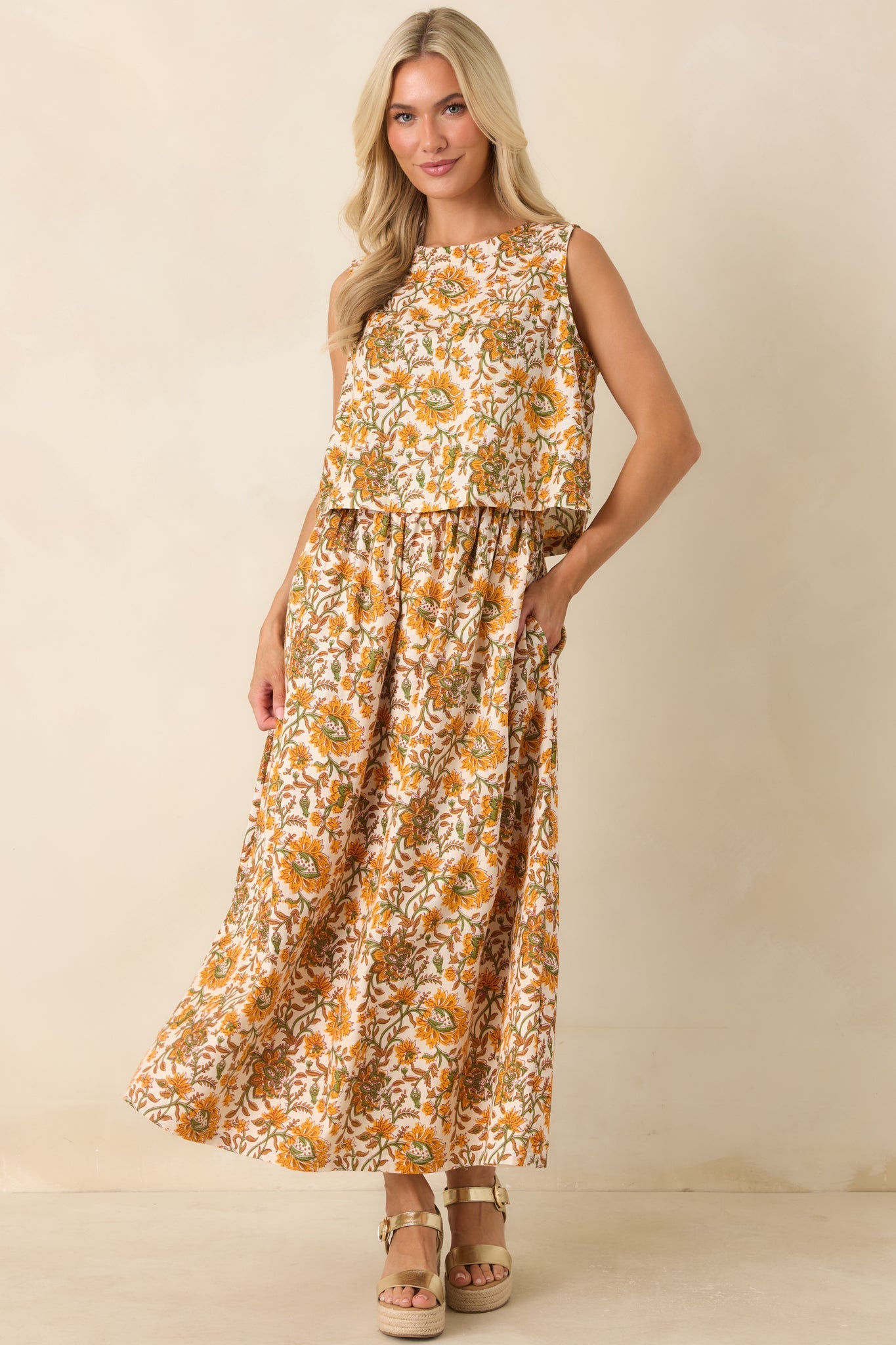 Easy to Love Marigold & Olive Green Floral Cotton Maxi Skirt