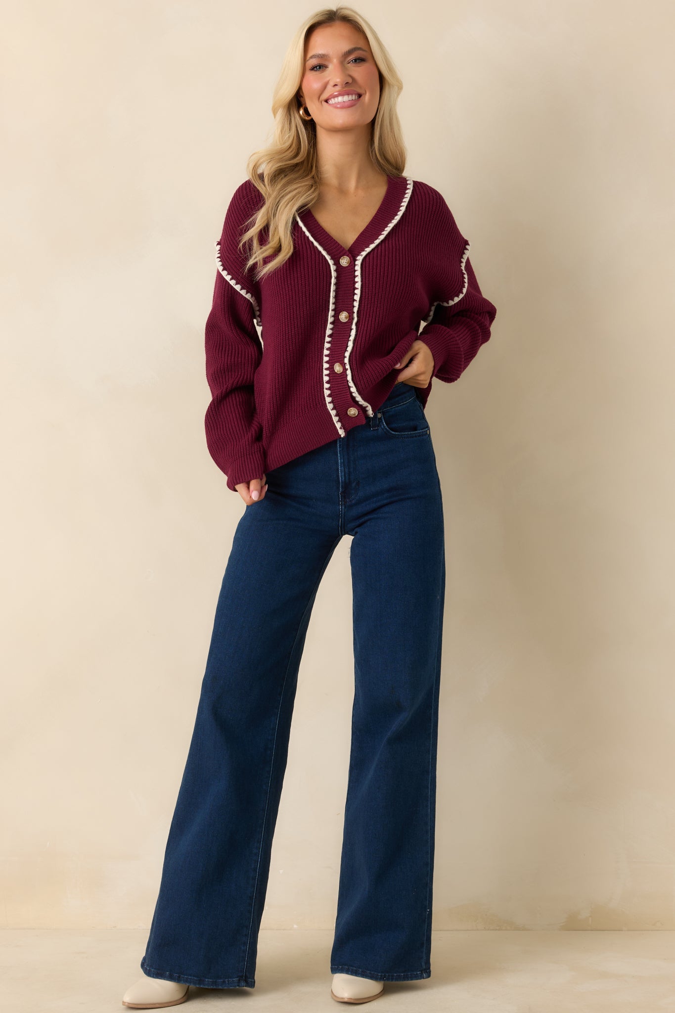 On The Mark Maroon Contrast Trim Knit Button Up Cardigan