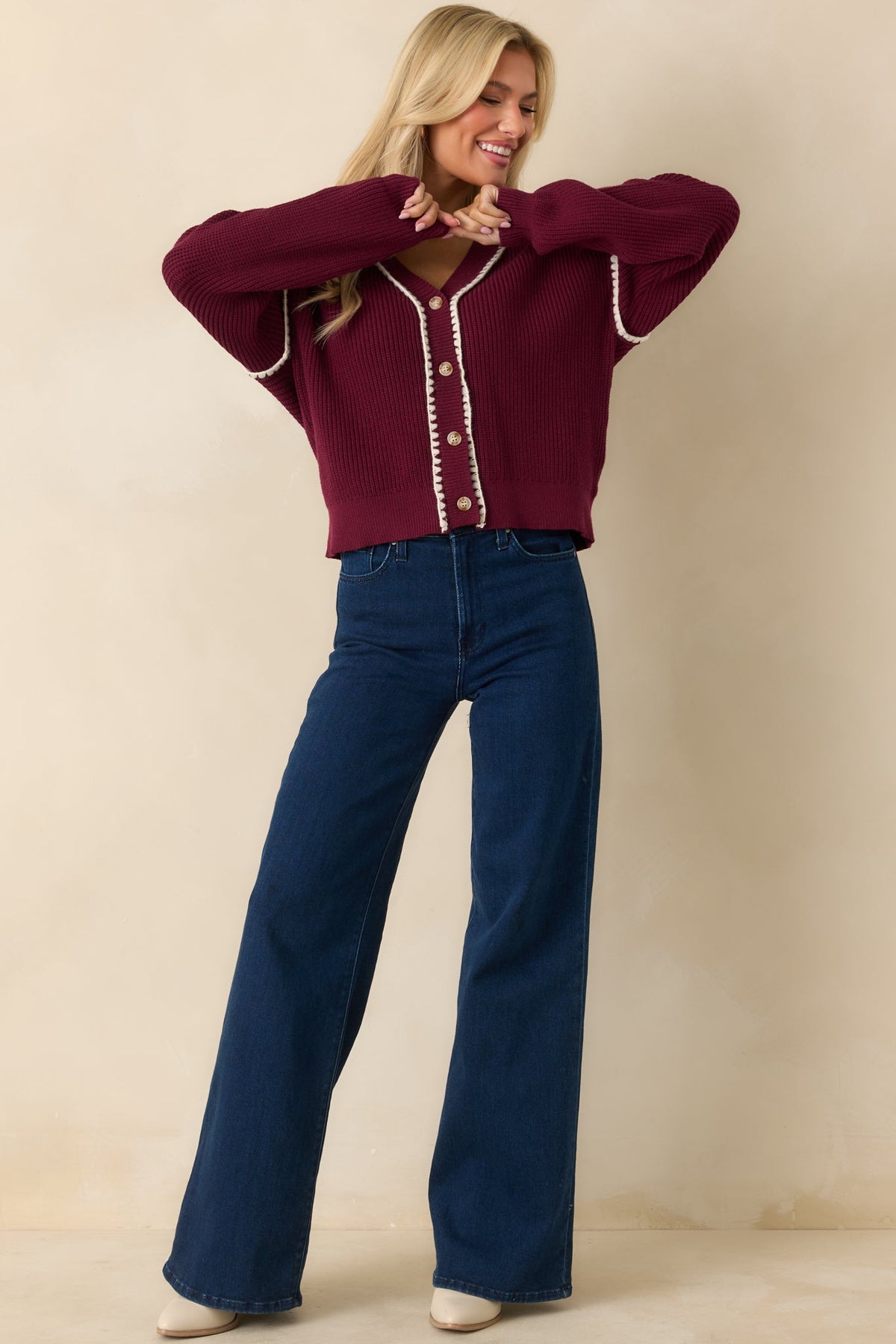 On The Mark Maroon Contrast Trim Knit Button Up Cardigan