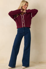 On The Mark Maroon Contrast Trim Knit Button Up Cardigan