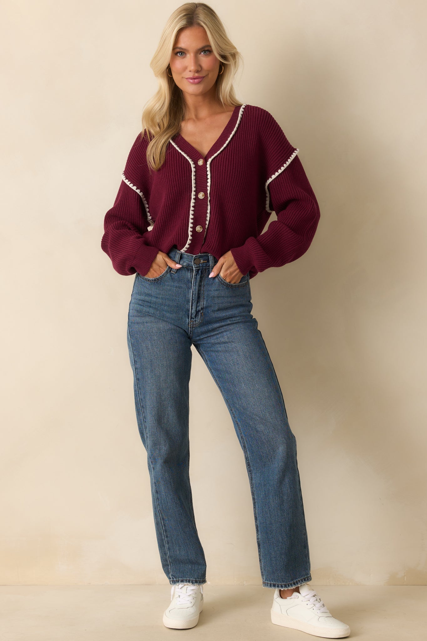 On The Mark Maroon Contrast Trim Knit Button Up Cardigan