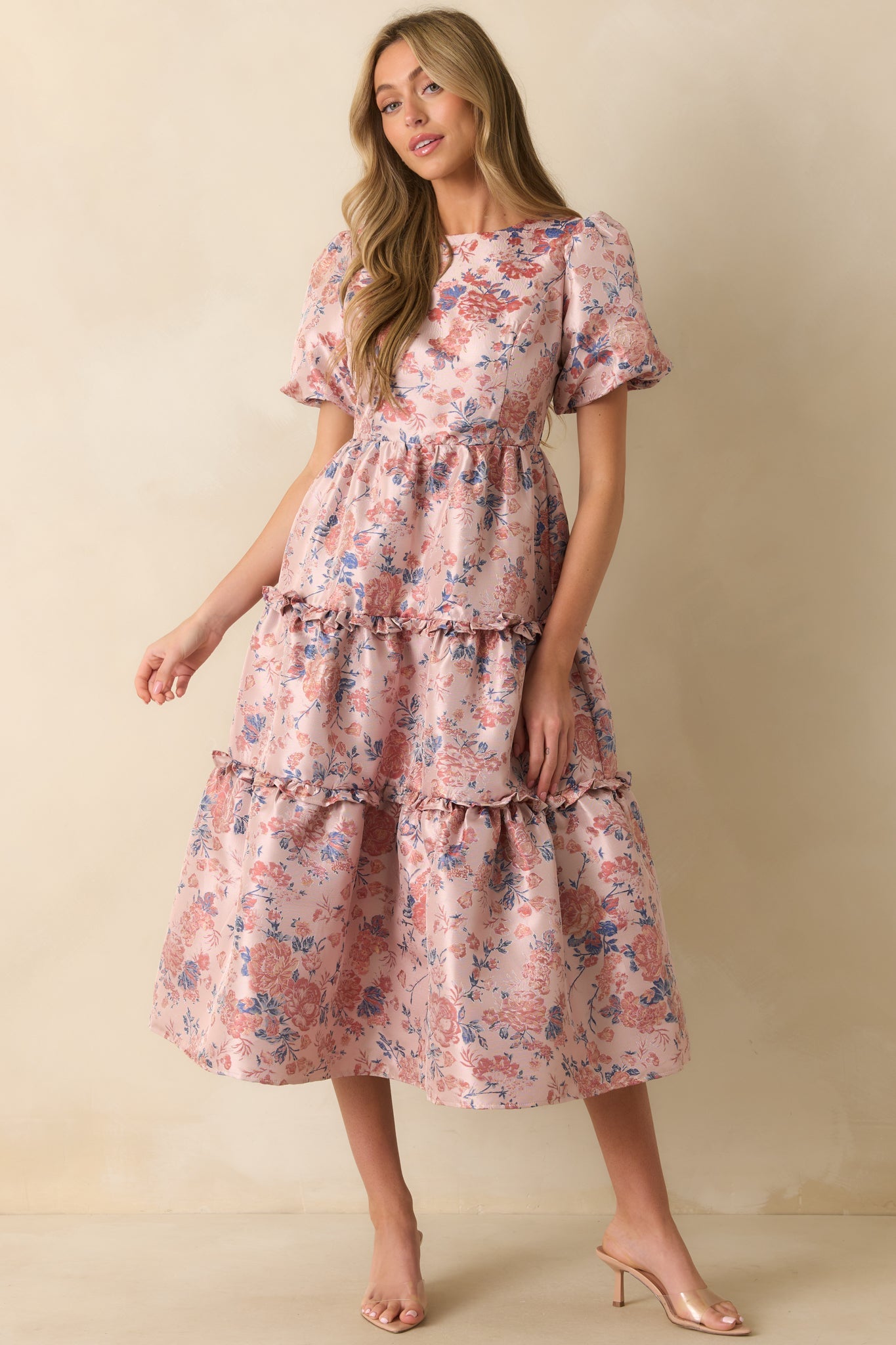 Follow My Lead Mauve Floral Jacquard Midi Dress